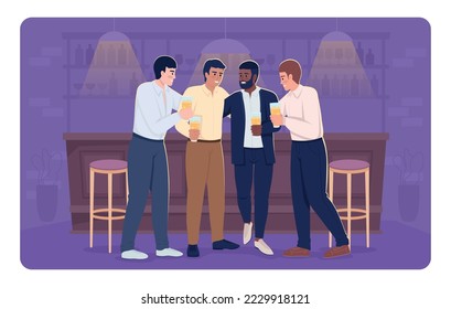 Male friends relaxing in bar after work hours flat color vector illustration. Participating in bachelor party. Fully editable 2D simple cartoon characters with bar counter on background