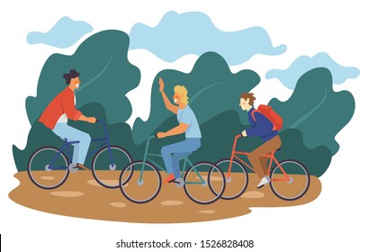 Male friends riding bicycles. Guys enjoy ride on sport bikes, greet each other. Friendship pastime, hobby, outdoor activity during summer vacation. Flat vector illustration.