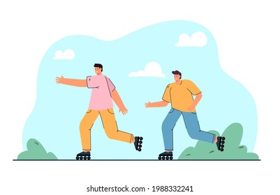 Male friends roller skating together flat vector illustration. Young people spending time outdoors. Activity, recreation, sport concept for banner, website design or landing web page