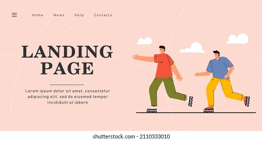 Male friends roller skating together flat vector illustration. Young people spending time outdoors. Activity, recreation, sport concept for banner, website design or landing web page