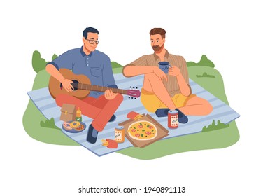 Male friends sitting on blanket on picnic, speaking and playing on guitar. Vector pizza, beer and soda drink, donuts and french fries, cup of tea or coffee. Dinner outdoors, men singing songs