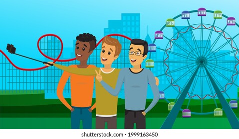 Male friends with smartphone are making photo on cityscape park background. Men with phone on monopod are posing for selfie with skyscrapers and ferris wheel. People during tour in modern city