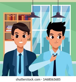 Male friends smiling and greeting cartoons inside home scenery vector illustration graphic design