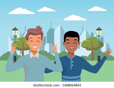 Male friends smiling and greeting cartoons in city park vector illustration graphic design