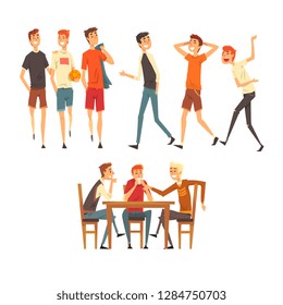 Male friends spending time together, guys playing football, sitting in a cafe, talking, best friends concept vector Illustration