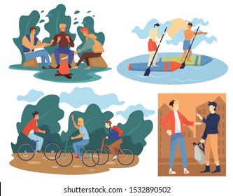 Male friends summer sport outdoors activities, guys meet, hang out. Camping at nature, bicycle riding, stand up paddle boarding. Friendship pastime leisure and holiday vacations vector illustrations.