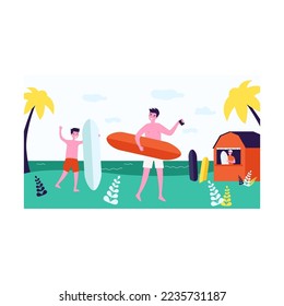 Male friends with surf boards and beverages on beach. Boys in shorts enjoying summer vacation flat vector illustration. Extreme sport, surfing concept for banner, website design