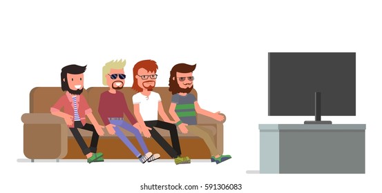 male friends are watching TV. vector illustration. flat design style. Isolated on a white background.