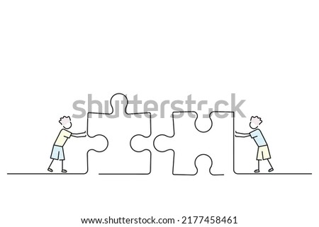 male friendship, boys pushing forward giant puzzle pieces, cartoon characters building a puzzle, teamwork, teen love matches, black line sketch style vector illustration