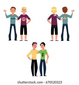 Male friendship concept, couple of boys, best friends hugging each other, cartoon vector illustration isolated on white background. Set of boys, men, friends standing and hugging each other