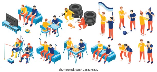 Male friendship isometric icons set with two men fishing playing eating resting watching tv together 3d isolated vector illustration