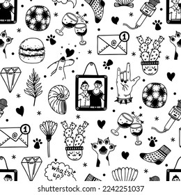 Male friendship seamless vector pattern. Friends, colleagues, team. Symbols of good relations - photos, football, karaoke, rock music, drinking. Hand drawn doodles. Background for cards, posters, web