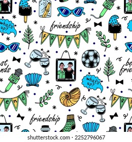 Male friendship seamless vector pattern. Best friends, colleagues, team. Symbols of good relations - photos, football, karaoke, garlands, hug, rapport. Hand drawn doodles. Background for cards, prints