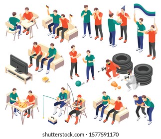 Male friendship set of 3d icons with men spending time together isolated vector illustration