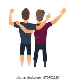 Male friendship - two boys, men, friends hugging each others, waving, cartoon vector illustration isolated on white background. Back view portrait of boys, men, friends standing, hugging each other