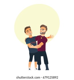 Male friendship - two boys, men, friends hugging each others, waving, cartoon vector illustration with space for text. Front view portrait of boys, men, friends standing, hugging each other