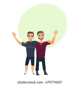Male friendship - two boys, men, friends hugging each others, waving, cartoon vector illustration with space for text. Front view portrait of boys, men, friends standing, hugging each other