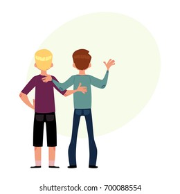 Male friendship - two boys, men, friends hugging each others, waving, cartoon vector illustration with space for text. 