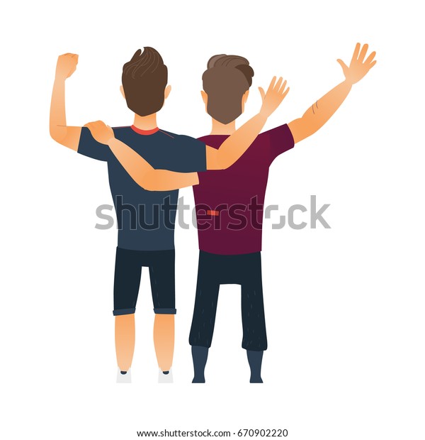 男性の友情 白い背景になびく男の子 男の子 友人 お互いに抱き合う 漫画のベクターイラスト 男の子 男性 友人が立ち 抱き合う姿を背景にしたポートレート のベクター画像素材 ロイヤリティフリー