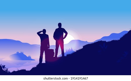 Male Friendship - Two Friends On Hiking Trip In Nature Wilderness, Watching Sunrise And Beautiful View. Vector Illustration.