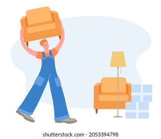 Male furniture loader in uniform carries a chair. Moving to  new house.