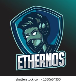 Male gamer e-sport logo design template with headphone 