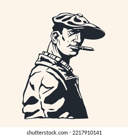 Male gangster with a cigar in a cap, a retro character from the 1930s. Hand drawn cartoon character,  Vector illustration