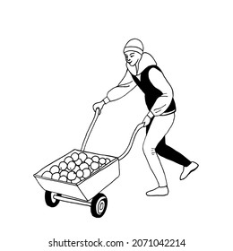 A male gardener moving apples in a wheelbarrow, isolated on a white background is a flat drawing of a farm worker walking with a metal cart. Vector illustration.