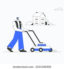 Male gardener mowing lawn in front of house in flat vector illustration symbolizing gardening, landscaping, and home maintenance, isolated on white background.