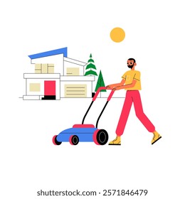 Male Gardener Mowing Lawn With Modern Lawnmower In Front Of Suburban House In Flat Vector Illustration Symbolizing Gardening And Lawn Care, Isolated On White Background