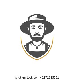 Male gardener portrait agricultural man in hat vintage heraldic shield frame logo vector illustration. Countryside farm market organic harvest cultivation agronomist crop livestock ecology meat emblem