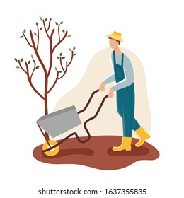A male gardener in a robe, hat and rubber boots with a wheelbarrow.Spring gardening in the country, planting plants, seedlings, fertilizers.Flat vector illustration