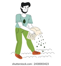 Male gardener sprinkles fertilizers, fertilizes the soil inorganic fertilizer.
Flat colored vector illustration isolated on white background.
