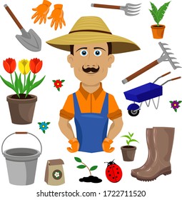 Male gardener. Vector illustration on the theme of gardening and Hobbies on a white isolated background.