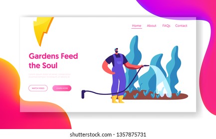 Male Gardener Watering Plant in Garden Landing Page. Man in Boots Holding Hose to Water Tree and Bush in Yard. Person Gardening Nature Website or Web Page. Flat Cartoon Vector Illustration