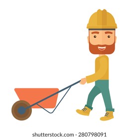 A male gardener wearing hard hat pushing a wheelbarrow. A Contemporary style. Vector flat design illustration isolated white background. Square layout