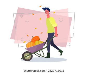 Jardinero masculino con carretilla llena de calabazas Ilustración vectorial plana. Joven recogiendo la cosecha. Country, estilo de vida, jardinería, concepto de otoño para Anuncio o Diseño web