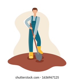 A male gardener in a yellow boots and blue robe holds a shovel and digs up the ground. Spring planting.Gardening and inventory.Flat vector on white background