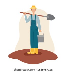 A male gardener in a yellow hat,boots, and blue robe holds a shovel and bucket. Spring planting.Gardening and inventory.Flat vector on white background