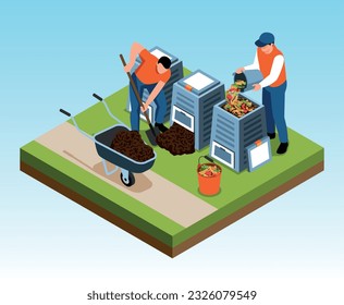 Jardines machos que fabrican y utilizan compost 3d isométrico aislado en ilustración vectorial de fondo azul