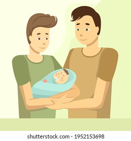 Male gay couple adopting baby. Two happy young men holding new born child flat vector illustration. LGBT family, parenthood, child care concept for banner, website design or landing web page