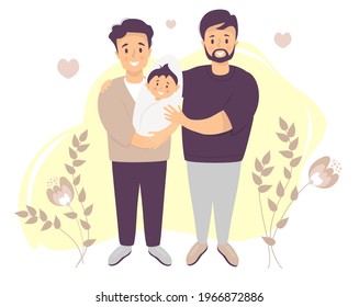 Male Gay Couple Adopting Baby. Two Happy Men Holding New Born Child. Vector Illustration. Happy LGBT Family With A Baby Son Stands. Fathers Day - Child Care, Concept For Banner, Website Design