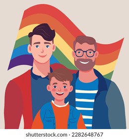 Männliches homosexuelles Paar adoptiert Baby. Zwei glückliche junge Männer und Kind flache Vektorgrafik. LGBT-Familie, Elternschaft, Kinderbetreuungskonzept