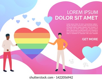 Male gay couple holding rainbow heart. Two men with LGBTQ symbol. Homosexuality concept. Vector illustration can be used for presentation slides, landing pages, posters