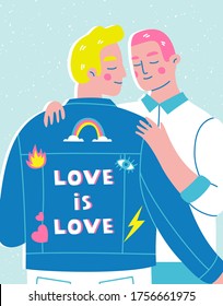 Male gay couple hugging. Vector illustration of LGBTQ concept in trendy cartoon style. Hand drawn homosexual characters in love.