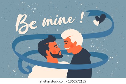 Male Gay Couple.Two Kissing Men. Be Mine! Text. Lgbtq+ And Romantic Love Concept. Homosexual Greeting Card For Valentine's Day. Blue Ribbon. 