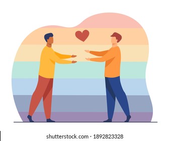 Male gay couple in love. Heart symbol, hug, rainbow background. Flat vector illustration. Homosexual relationship, parade, equality concept for banner, website design or landing web page