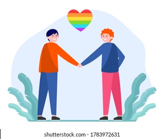 Male gay couple with rainbow heart. Cheerful men holding hands flat vector illustration. Homosexuality, LGBT, gay pride parade concept for banner, website design or landing web page