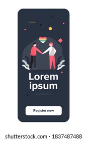 Male gay couple with rainbow heart. Cheerful men holding hands flat vector illustration. Homosexuality, LGBT, gay pride parade concept for banner, website design or landing web page