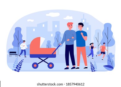 Male Gay Couple Walking With Baby Outside. Two Dads Wheeling Stroller In City Park Flat Vector Illustration. New Homosexual Parents, Parenthood Concept For Banner, Website Design Or Landing Web Page